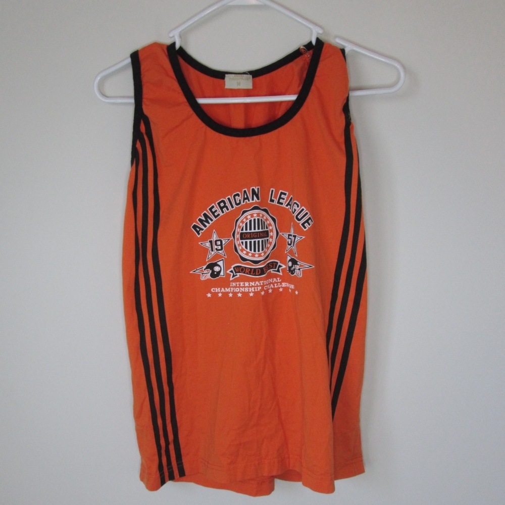 Bright orange and black vintage tank top with American League design #bikercore